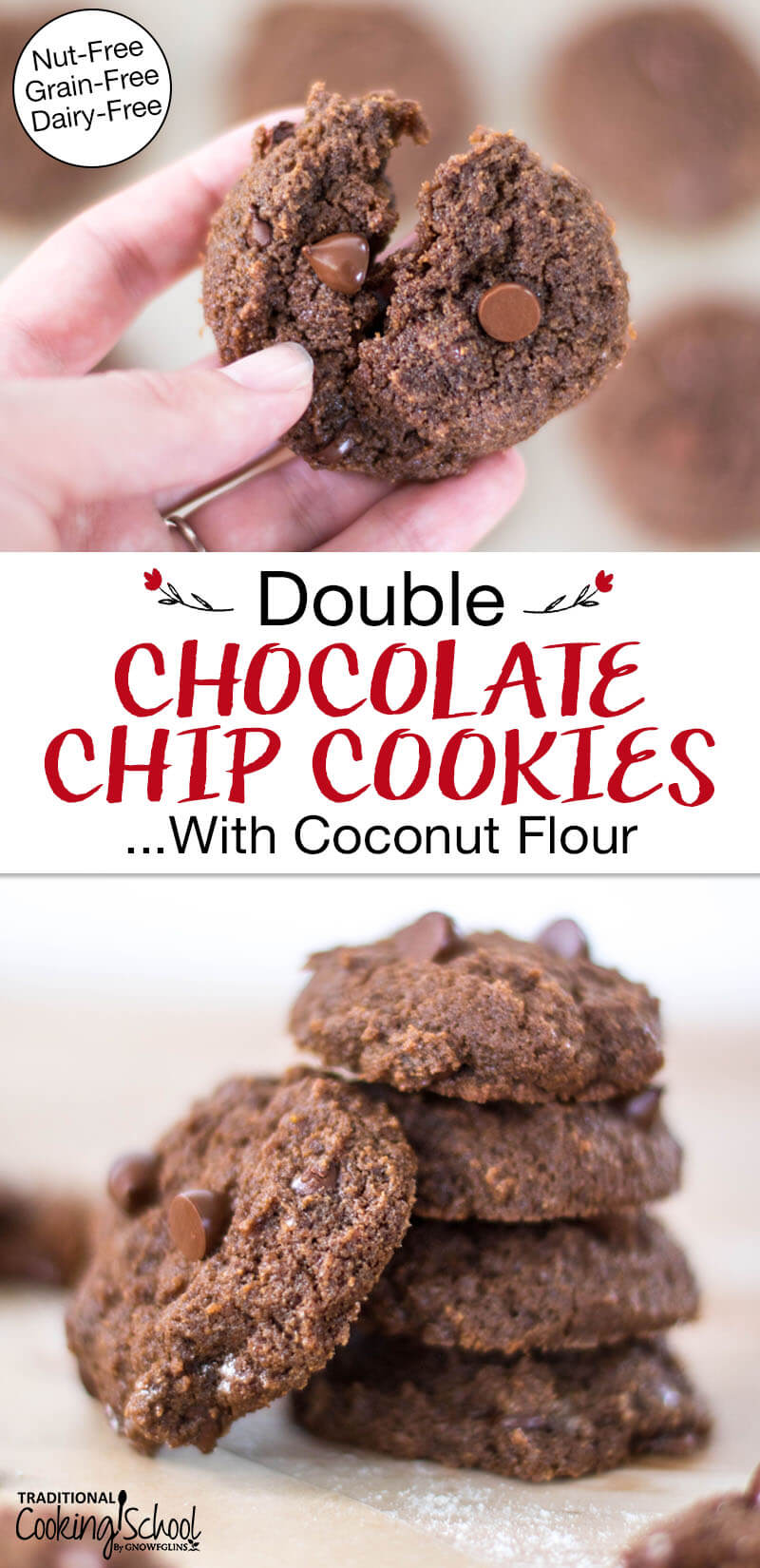 Photo collage of a stack of chocolate cookies and one cookie broken in half to show the soft texture. Text overlay says: "Double Chocolate Chip Cookies ...With Coconut Flour (Nut-Free Grain-Free Dairy-Free)"