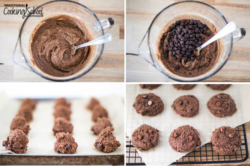 4-photo collage of making cookies: 1) Wet and dry ingredients combined in a bowl 2) Adding chocolate chips to cookie dough 3) Unbaked cookies spread on a baking sheet 4) Baked cookies spread on a cooling rack