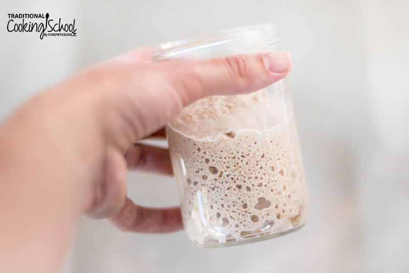 Woman's hand holding a small glass jar of bubbly sourdough starter.
