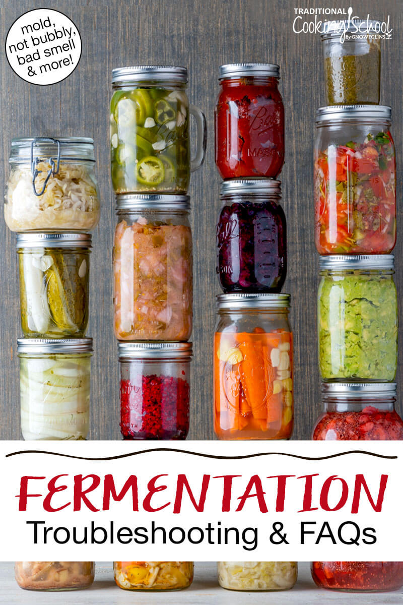 Wide variety of colorful ferments in glass jars. Text overlay says: "Fermentation Troubleshooting & FAQs (mold, not bubbly, bad smell & more!)"