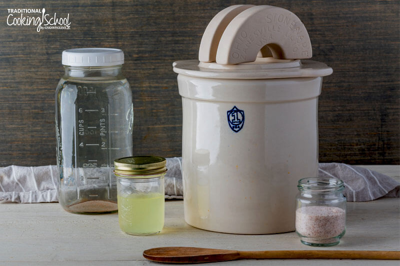 Fermenting equipment and ingredients: salt, salt water, whey, a wooden spoon, and a fermenting crock and weights.