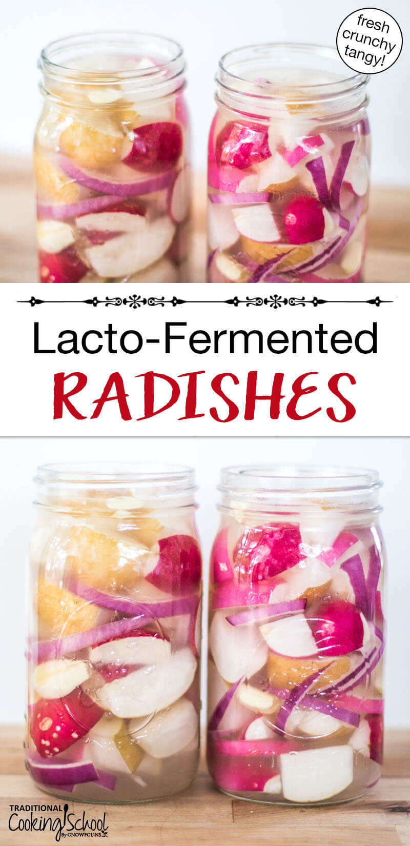 Photo collage of radishes pickling in quart-sized Mason jars. Text overlay says: "Lacto-Fermented Radishes (fresh crunchy tangy!)"