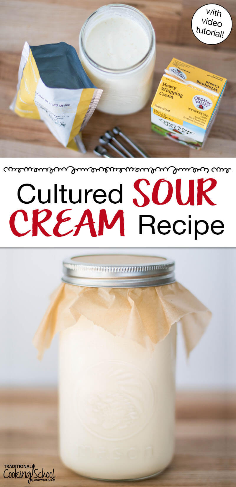 Photo collage of ingredients needed for making sour cream, and a jar of cream covered with parchment paper and a metal band. Text overlay says: "Cultured Sour Cream Recipe (with video tutorial)"