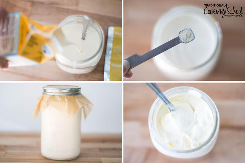 How to make sour cream in a 4-photo collage: 1) Pouring cream into jar 2) Adding culture to cream 3) Covering jar and letting sit for 24-48 hours 4) Thickened sour cream