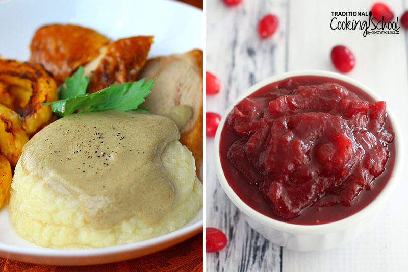 Photo collage two healthy Thanksgiving recipes: dollop of homemade gravy over mashed potatoes, and a small bowl of cranberry sauce.