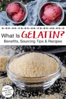 Photo collage of powdered gelatin and a recipe that calls for gelatin: blackberry ice cream. Text overlay says: "What Is Gelatin? Benefits, Sourcing Tips & Recipes (from bone broth to ice cream!)"