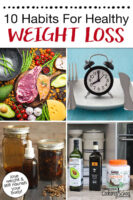 Photo collage of an array of healthy meats, vegetables, and nuts; an alarm clock on a plate next to a knife and fork; homemade digestive bitters; an array of healthy, traditional fats. Text overlay says: "10 Habits for Healthy Weight Loss (lose weight & still nourish your body!)"