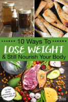 Photo collage of an array of healthy meats, dairy, vegetables, and nuts; roasted parsnips in a cast iron skillet; and homemade digestive bitters. Text overlay says: "10 Ways to Lose Weight & Still Nourish Your Body (no fad diets, gimmicks or deprivation)"