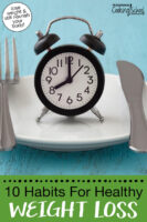 Alarm clock on a plate with a knife and fork. Text overlay says: "10 Habits for Healthy Weight Loss (lose weight & still nourish your body!)"