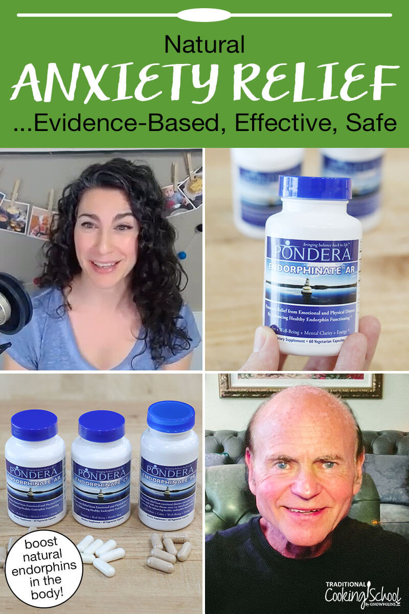 Photo collage of three supplement bottles from Pondera Pharmaceuticals for natural anxiety and pain relief; and a smiling woman interviewing Dr. Steven Crain. Text overlay says: "Natural Anxiety Relief ...Evidence-Based, Effective, Safe (boost natural endorphins in the body!)"