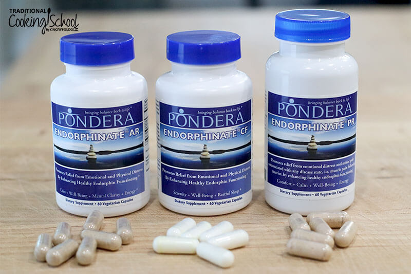 Three supplement bottles from Pondera Pharmaceuticals for natural anxiety and pain relief: Endorphinate AR, Endorphinate PR, and Endorphinate CF.