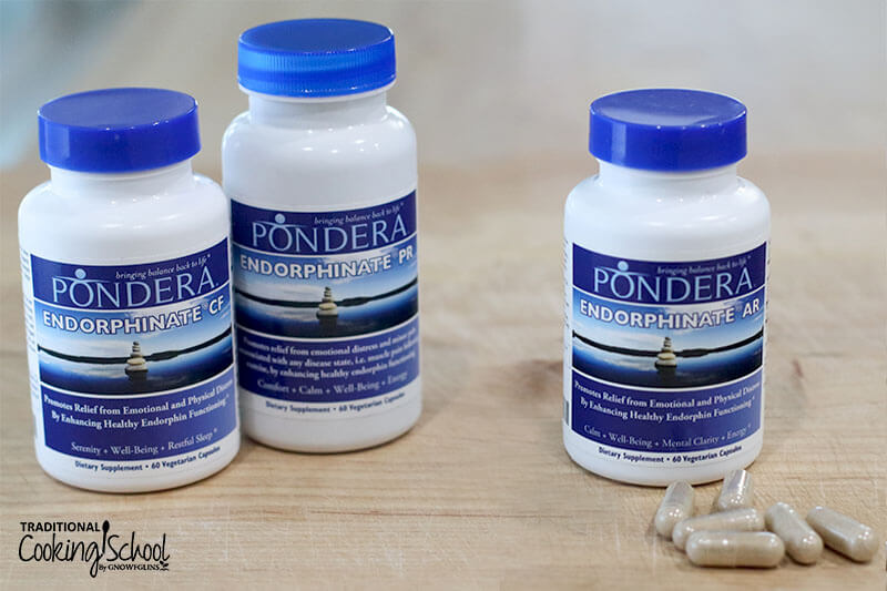Three supplement bottles from Pondera Pharmaceuticals for natural anxiety and pain relief: Endorphinate AR, Endorphinate PR, and Endorphinate CF. The bottle of Endorphinate AR is set off to the side.