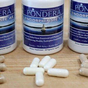 Three supplement bottles from Pondera Pharmaceuticals for natural anxiety and pain relief: Endorphinate AR, Endorphinate PR, and Endorphinate CF.