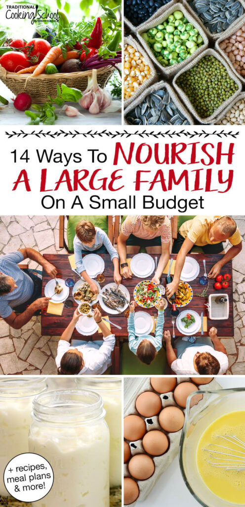 Photo collage of a big family sharing a meal together, and various foods: yogurt, eggs, dried beans and seeds, and a basket of fresh produce. Text overlay says: "14 Ways to Nourish A Large Family on a Small Budget (+recipes, meal plans & more!)"