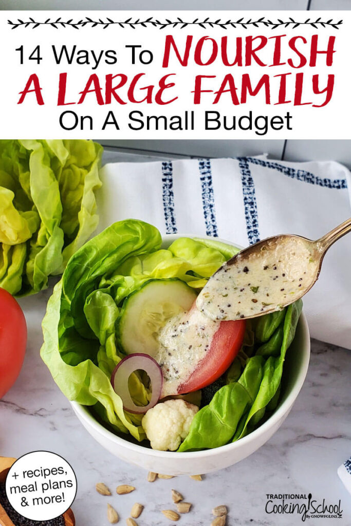 Photo of a spoon drizzling homemade salad dressing over a fresh green salad in a small white bowl. Text overlay says: "14 Ways to Nourish A Large Family on a Small Budget (+recipes, meal plans & more!)"