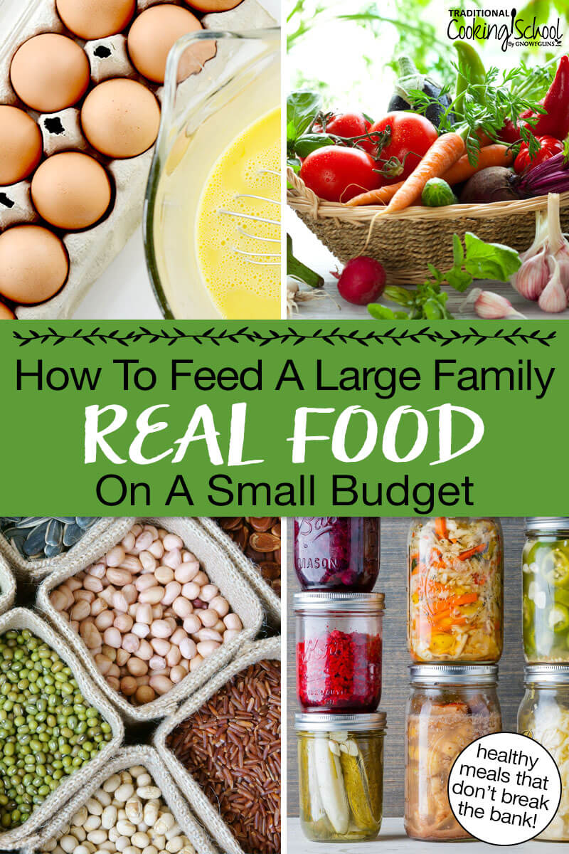 Photo collage of nutritious foods: homemade ferments in glass jars, eggs, dry beans and seeds, and a basket of fresh produce. Text overlay says: "How to Feed a Large Family Real Food on a Small Budget (healthy meals that don't break the bank)"