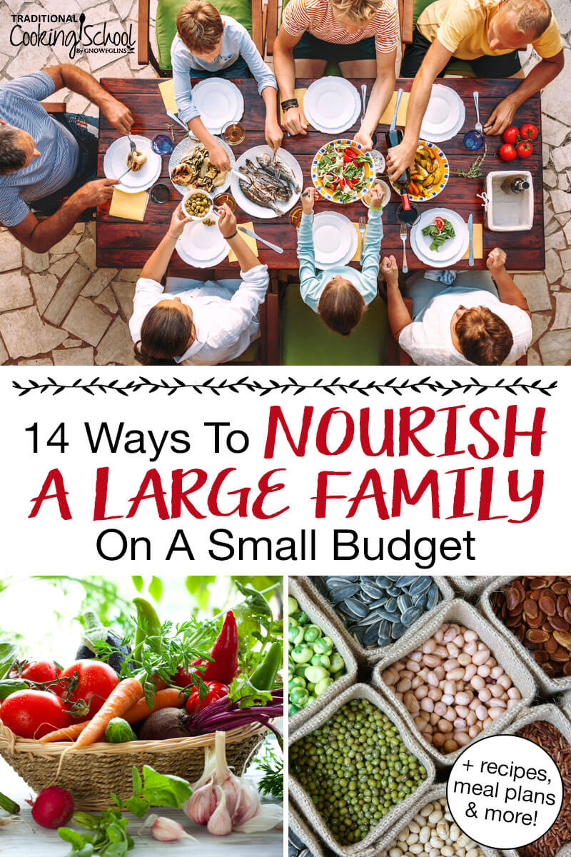 Photo collage of a big family sharing a meal together, and various foods: dried beans and seeds, and a basket of fresh produce. Text overlay says: "14 Ways to Nourish A Large Family on a Small Budget (+recipes, meal plans & more!)"