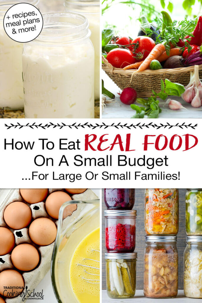 Photo collage of nutritious foods: homemade yogurt and ferments in glass jars, eggs, and a basket of fresh produce. Text overlay says: "How to Eat Real Food on a Small Budget ...For Large or Small Families! (+recipes, meal plans & more!)"