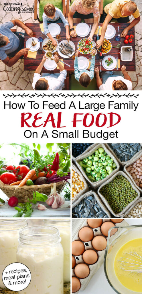 Photo collage of a big family sharing a meal together, and various foods: yogurt, eggs, dried beans and seeds, and a basket of fresh produce. Text overlay says: "How to Feed a Large Family Real Food on a Small Budget (+recipes, meal plans & more!)"