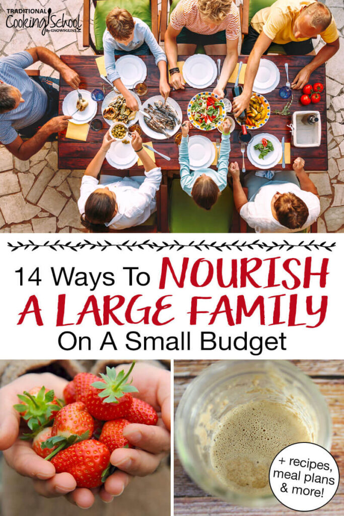 Photo collage of a big family sharing a meal together, a close-up shot of a handful of strawberries, and an overhead shot of bubbly sourdough starter in a glass jar. Text overlay says: "14 Ways to Nourish A Large Family on a Small Budget (+recipes, meal plans & more!)"