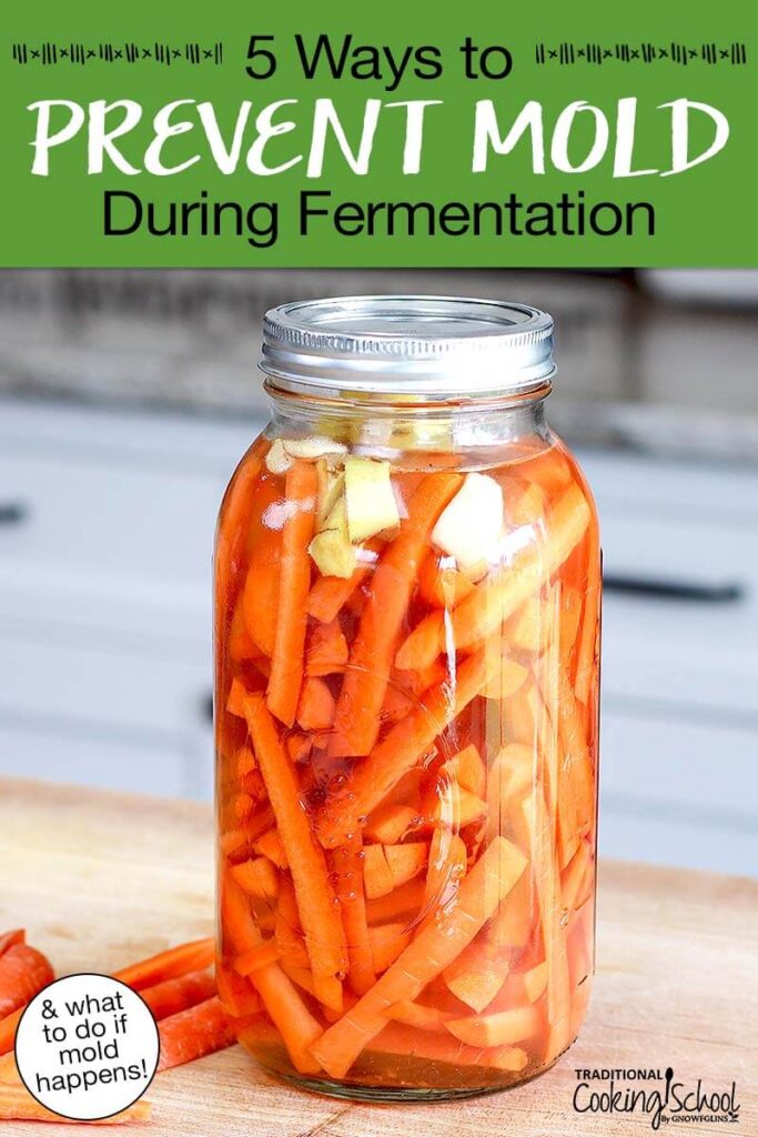 Pickled carrot sticks in a half-gallon glass jar. Text overlay says: "5 Ways to Prevent Mold During Fermentation (& what to do if mold happens)"