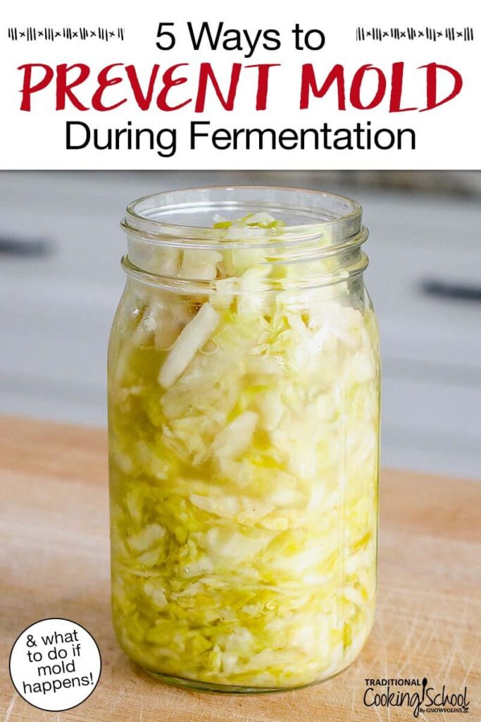Beautiful bubbly sauerkraut in a glass jar. Text overlay says: "5 Ways to Preent Mold During Fermentation (& what to do if mold happens)"