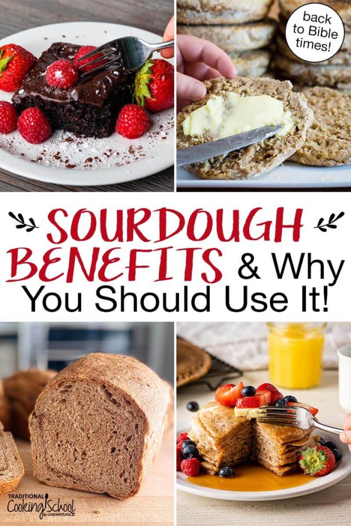 Photo collage of sourdough baked goods. Text overlay says: "Sourdough Benefits & Why You Should Use It! (back to Bible times!)"