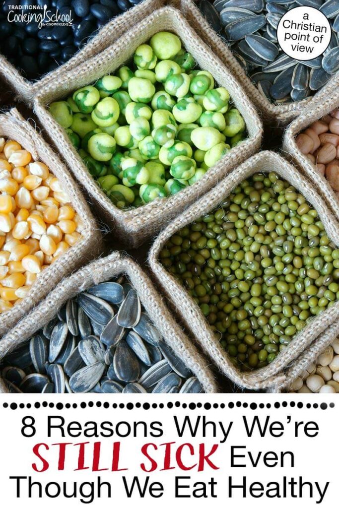 Photo of dry beans and seeds. Text overlay says: "8 Reasons why We're Still Sick Even Though We Eat Healthy (a Christian point of view)"