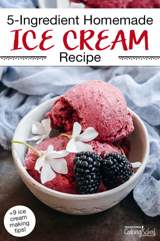 Small bowl of blackberry ice cream garnished with white flowers and fresh blackberries. Text overlay says: "5-Ingredient Homemade Ice Cream Recipe (+9 ice cream making tips)"