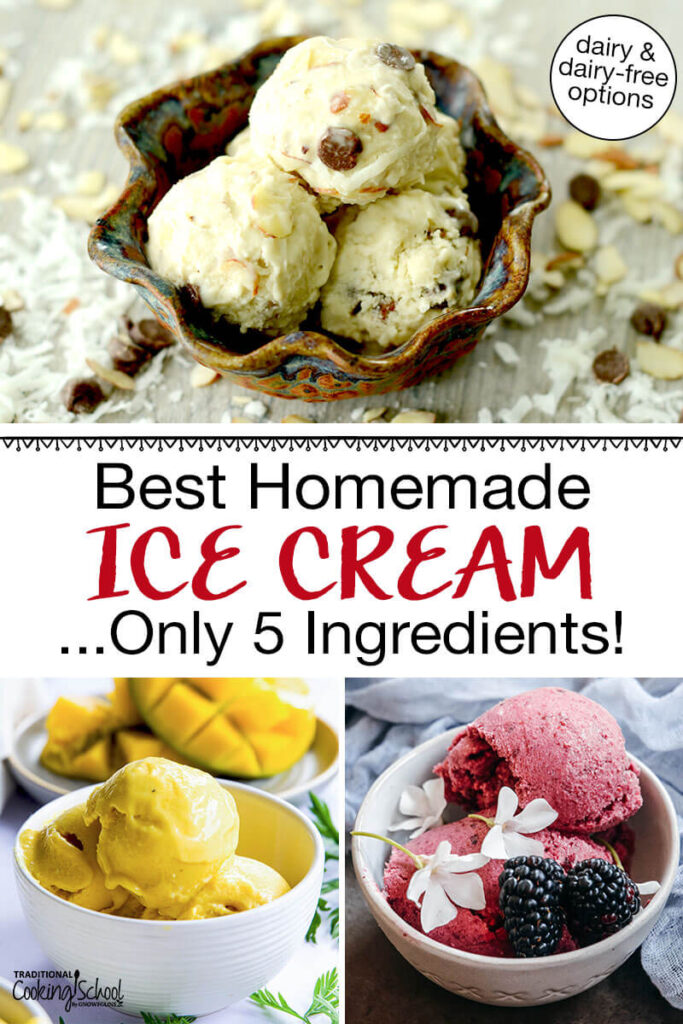 Photo collage of an array of homemade ice creams, including mango, blackberry, and Almond Joy flavors. Text overlay says: "Best Homemade Ice Cream ...Only 5 Ingredients! (dairy and dairy-free options)"