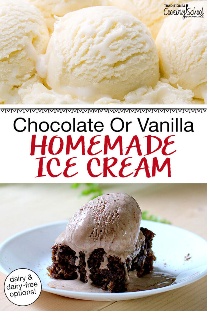 Photo collage of scoops of chocolate and vanilla ice cream. The chocolate ice cream is on top of a slice of chocolate cake. Text overlay says: "Chocolate or Vanilla Homemade Ice Cream (dairy and dairy-free options!)"