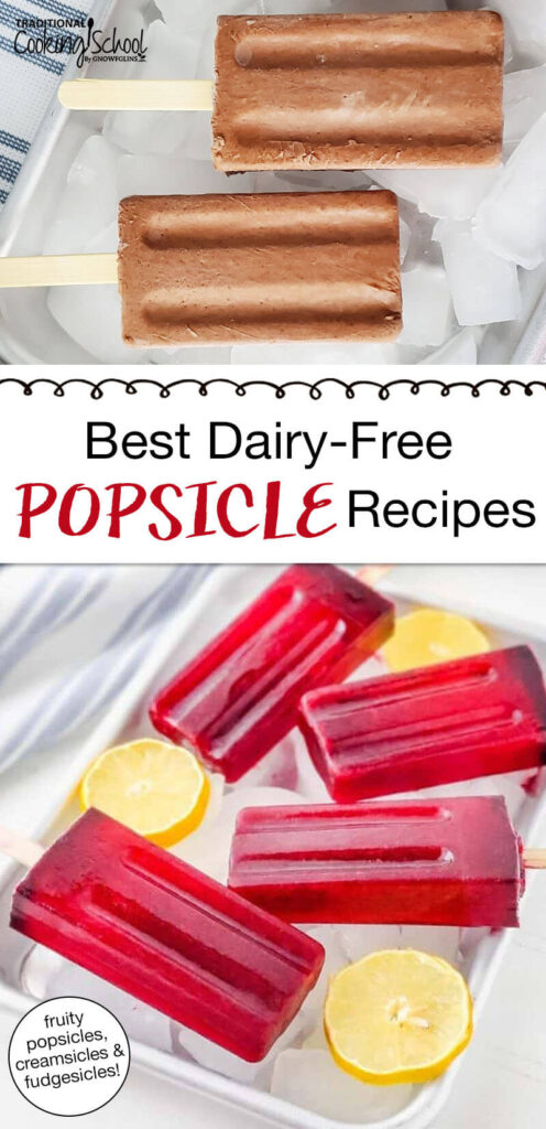 Photo collage of fruity and chocolate popsicles. Text overlay says: "Best Dairy-Free Popsicle Recipes (fruity popsicles, creamsicles & fudgesicles!)"