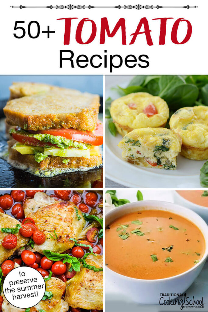 Photo collage of roasted chicken with halved cherry tomatoes, a tomato pesto grilled cheese sandwich, mini frittatas, and tomato soup. Text overlay says: "50+ Tomato Recipes (to preserve the summer harvest)"