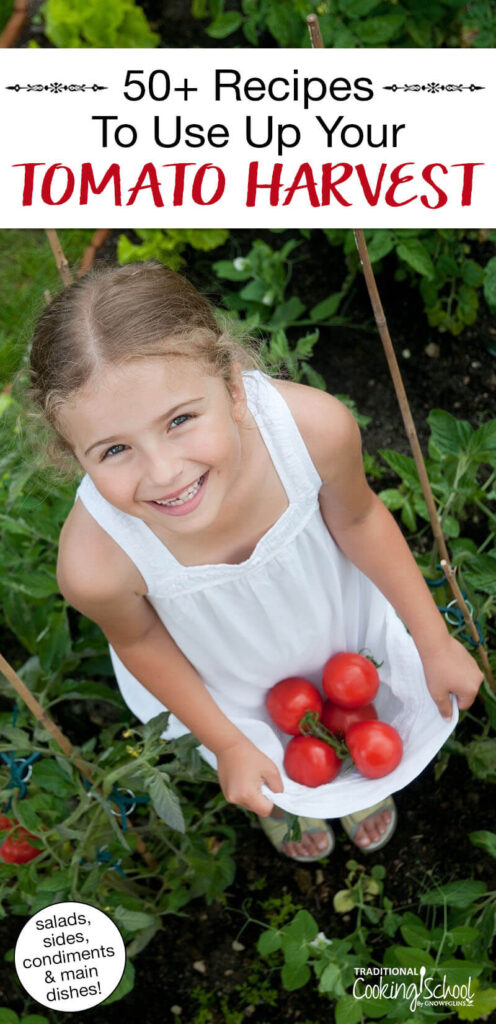 Photo of a smiling girl in a garden holding freshly-picked tomatoes in her skirt. Text overlay says: "50+ Tomato Recipes To Use Up Your Tomato Harvest (salads, sides, condiments & main dishes)"