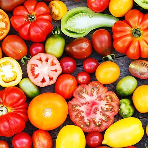 Array of beautiful tomatoes, some whole, some sliced, in a variety of different colors: red, yellow, green, and orange.