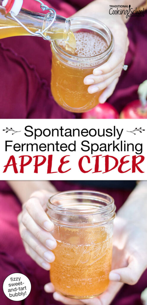 Photo collage of fizzy apple cider in a pint-sized glass jar. Text overlay says: "Spontaneously Fermented Sparkling Apple Cider (fizzy sweet-and-tart bubbly!)"