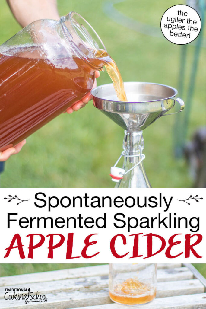 Pouring fresh pressed apple cider into a swing-top bottle for fermenting. Text overlay says: "Spontaneously Fermented Sparkling Apple Cider (the uglier the apples the better!)"