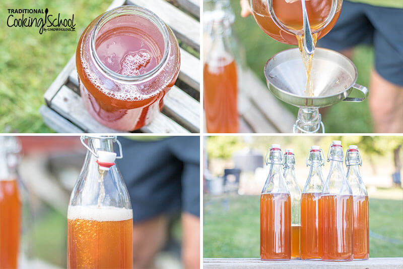 Photo collage of steps 3-6 of making sparkling apple cider: 3) gallon jar of fresh-pressed cider 4) pouring cider into swing-top bottles for fermenting 5) close-up shot of the foamy cider in the swing-top bottle 6) six swing-top bottles filled with cider ready to ferment