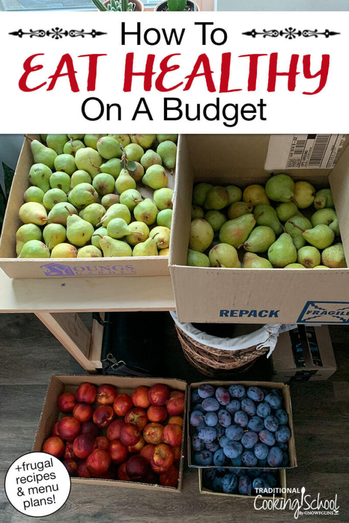 Photo of cardboard boxes full of fruit (peaches, plums, and pears). Text overlay says: "How to Eat Healthy on a Budget (+frugal recipes & menu plans!)"