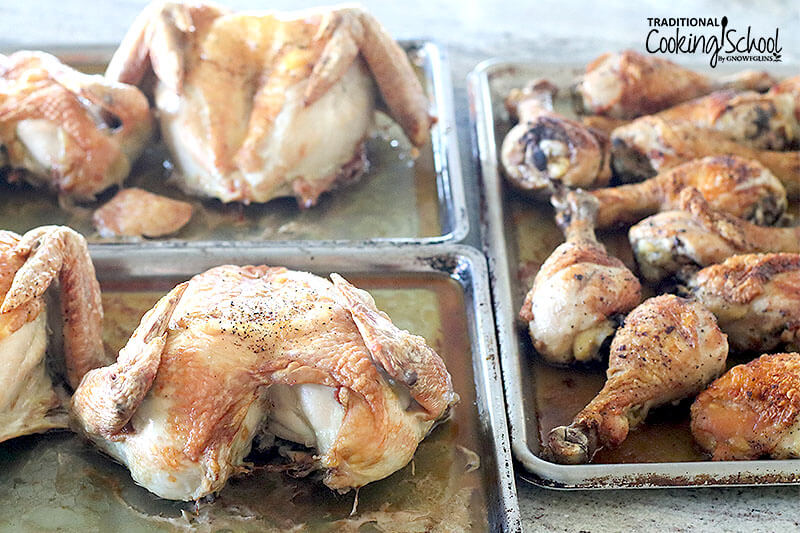 Roasted whole chickens and drumsticks with crispy, golden skin on baking sheets.
