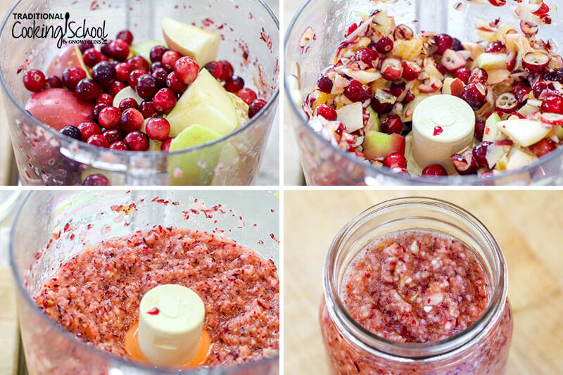 4-photo collage of making cranberry orange relish: 1) chopped apple and orange chunks with fresh cranberries in a food processor 2) fruit pulsed in food processor 3) relish in food processor, blended until smooth consistency 4) relish transferred to a glass jar