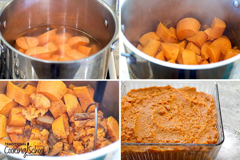 Photo collage of steps 1-4 of making a sweet potato casserole: 1) boiling sweet potatoes in large pot until soft 2) cooked sweet potatoes in pot, drained of water 3) mashing sweet potatoes with spices 4) sweet potato filling spread in glass casserole dish