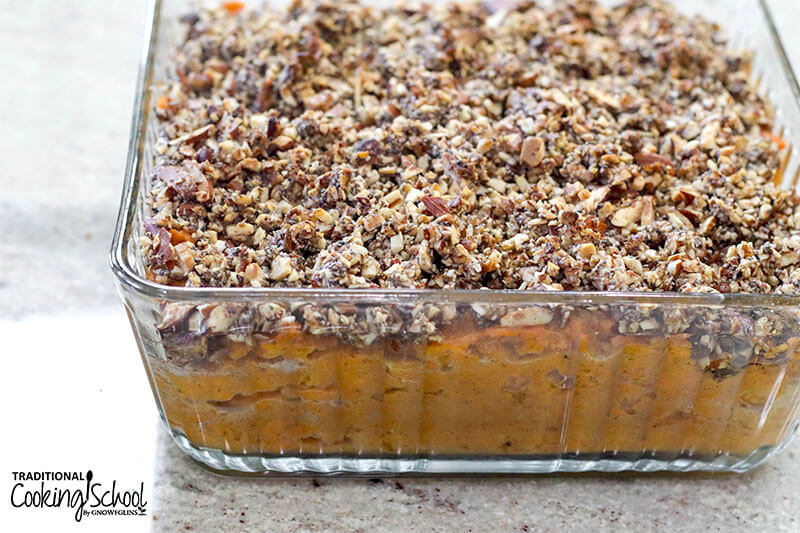 Sweet potato casserole, fresh out of the oven, golden brown on top