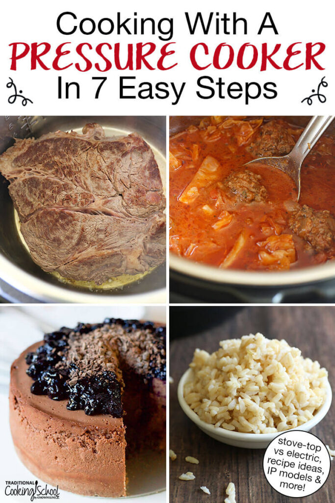 Photo collage of foods made in the Instant Pot: a chocolate cheesecake, a lamb roast, rice, and meatball cabbage soup. Text overlay says: "Cooking with a Pressure Cooker in 7 Easy Steps (stove-top vs electric, recipe ideas, IP models & more!)"