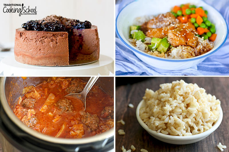 Photo collage of foods made in the Instant Pot: a chocolate cheesecake, chicken and veggies, rice, and meatball cabbage soup.