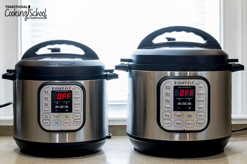 Two Instant Pots side by side on a countertop.