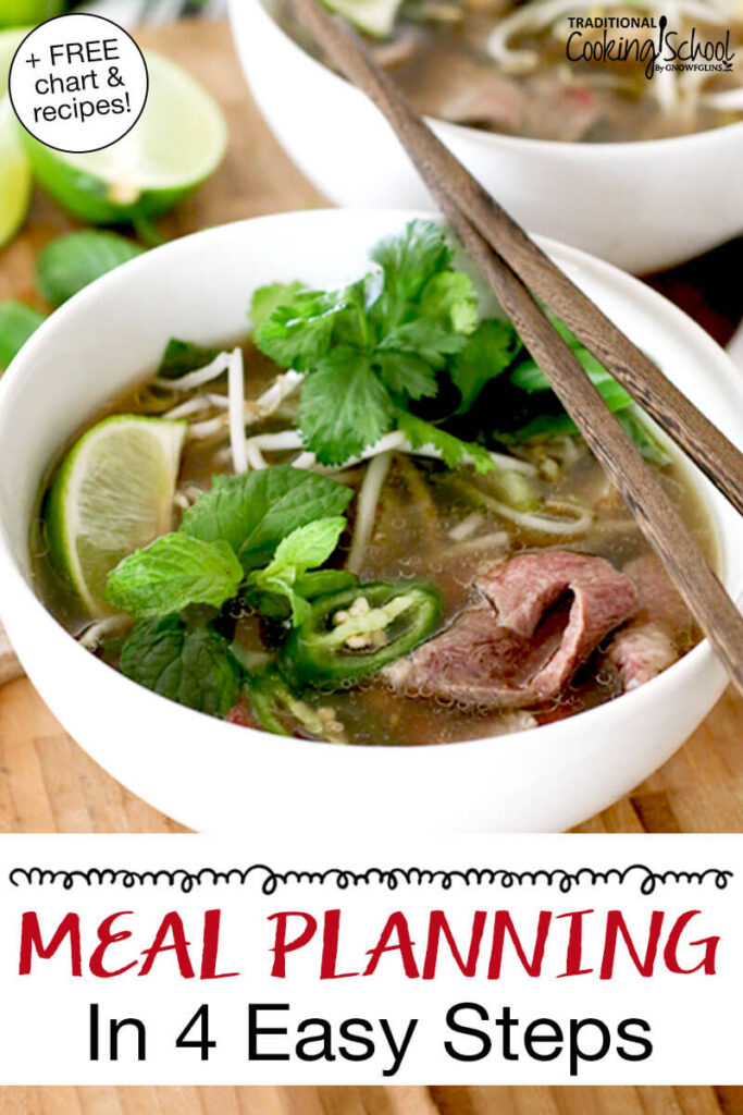 Photo of a bowl of pho with fresh herbs, sprouts, a slice of lime, and chopsticks. Text overlay says: "Meal Planning in 4 Easy Steps (free chart & recipes)"