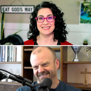 Photo collage of a woman interviewing a man. Both are smiling with microphones in front of them.
