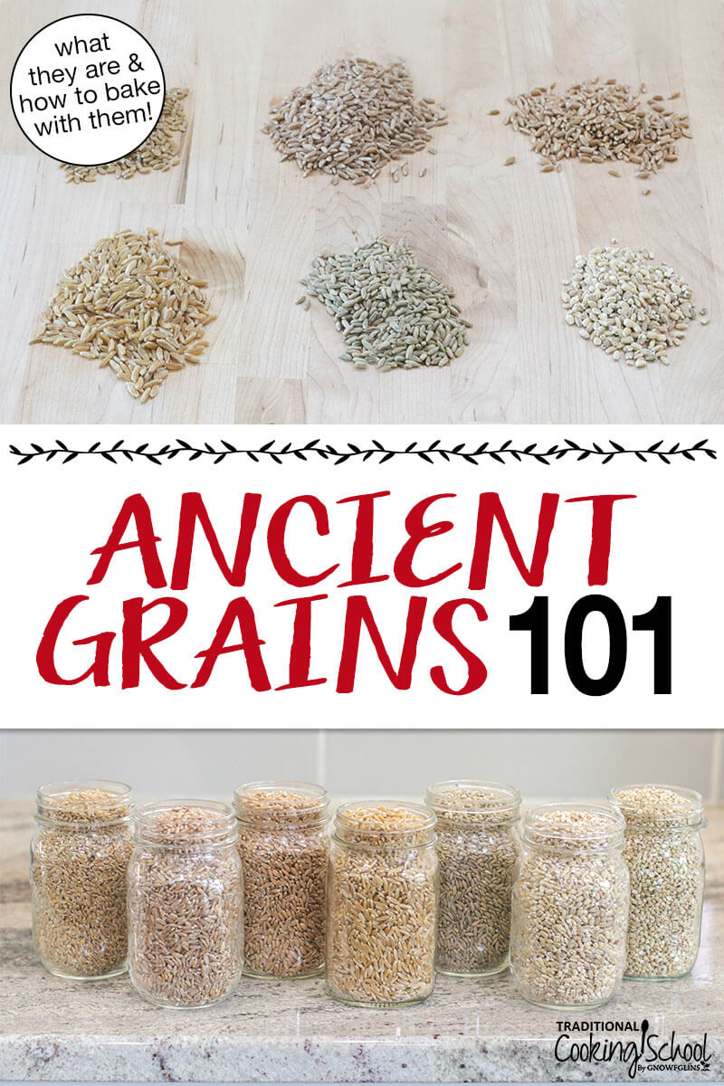 Photo of multiple ancient grains lined up on the counter in mason jars and loose on a cutting board. Text overlay says: "Ancient Grains 101"