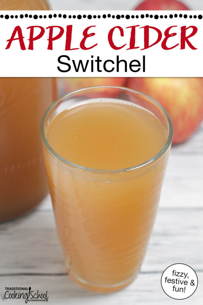 Photo of a glass of apple cider switchel with apples in the background. Text overlay says: "Apple Cider Switchel (fizzy, festive & fun!)"